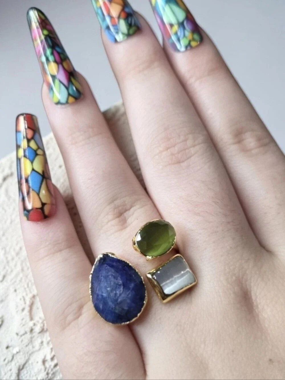 18k Gold Plated Artisan Genuine Sapphire & Peridot Clear Cats Eye Stone Ring